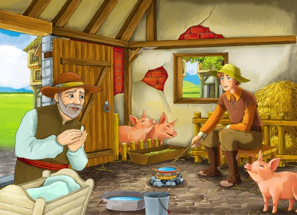 Cartoon scène met twee boeren ranchers of vermomde Prins en oudere boer in de schuur Varkensstal illustratie voor kinderen — Stockfoto