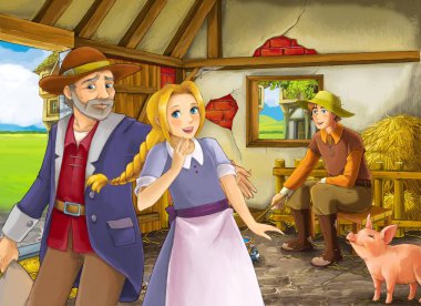 Çocuklar için ahır pigsty illüstrasyon prenses ve prens veya kral kılık değiştirmiş ve çiftçi çiftlik sahibi ile Karikatür sahnesi