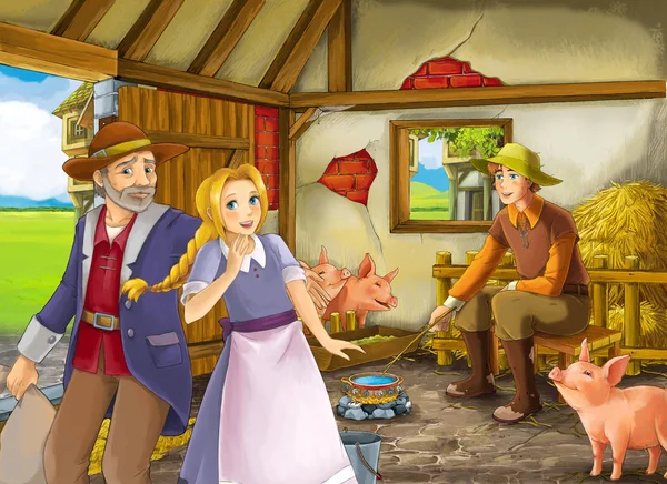Cena dos desenhos animados com princesa e príncipe ou rei disfarçado e fazendeiro na ilustração pocilga celeiro para crianças — Fotografia de Stock