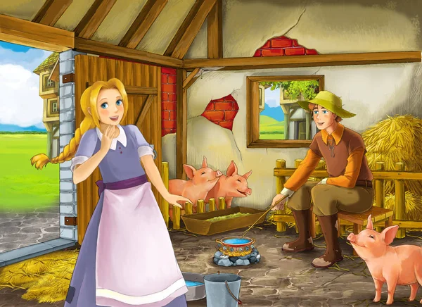 Scène de bande dessinée avec une belle fille et agriculteur rancher dans la grange illustration porcine pour enfants — Photo