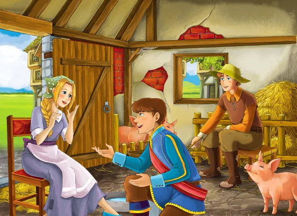 Escena de dibujos animados con princesa y príncipe o rey disfrazado y granjero ranchero en el granero ilustración pocilga para niños —  Fotos de Stock