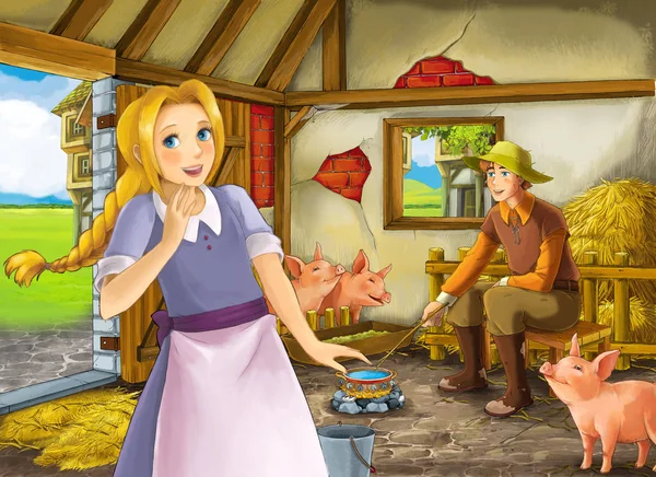 Cena dos desenhos animados com menina bonita e fazendeiro rancheiro na ilustração pocilga celeiro para crianças — Fotografia de Stock