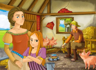 Çocuklar için ahır pigsty illüstrasyon prenses ve çiftçi çiftlik sahibi ile Karikatür sahne