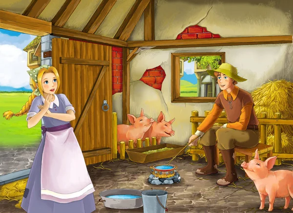 Cartoon scene with beautiful girl and farmer rancher in the barn pigsty illustration for children — Stock Photo, Image