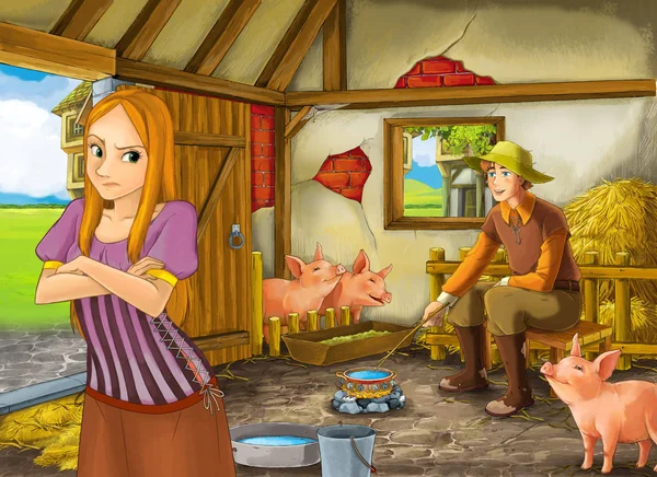 Zeichentrickszene mit schönem Mädchen und Bäuerin im Schweinestall Illustration für Kinder — Stockfoto