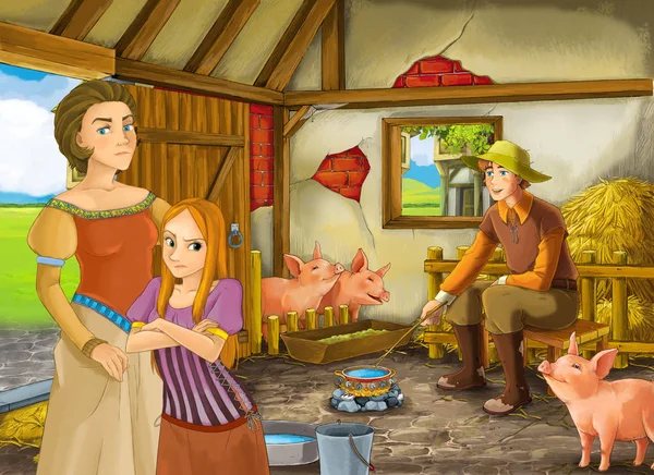 卡通场景与公主和农民牧场主在谷仓猪皮插图为儿童 — 图库照片
