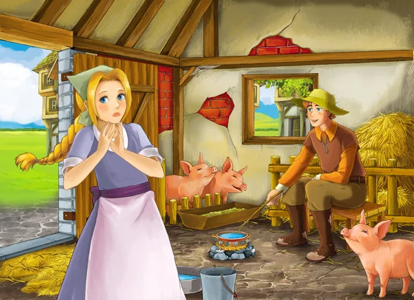 Cartoon scene with beautiful girl and farmer rancher in the barn pigsty illustration for children — Stock Photo, Image