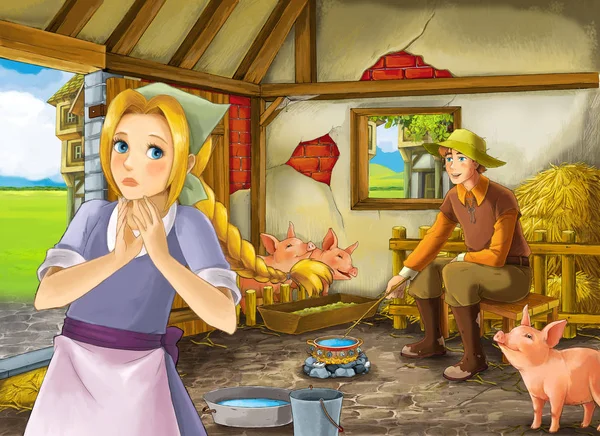 Cena dos desenhos animados com menina bonita e fazendeiro rancheiro na ilustração pocilga celeiro para crianças — Fotografia de Stock