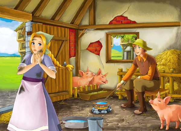 Cartoon scene with beautiful girl and farmer rancher in the barn pigsty illustration for children — Stock Photo, Image