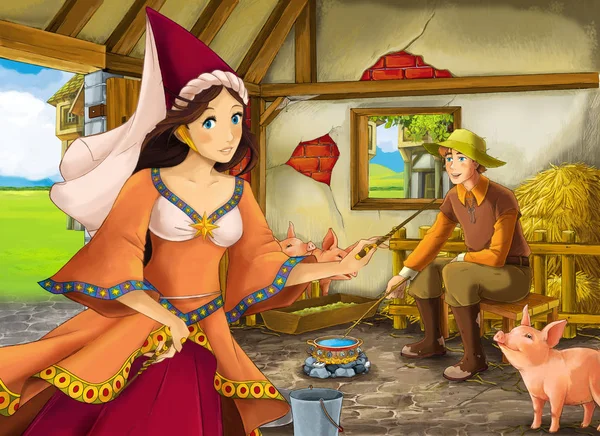 Cena dos desenhos animados com princesa feiticeira e fazendeiro na ilustração pocilga celeiro para crianças — Fotografia de Stock