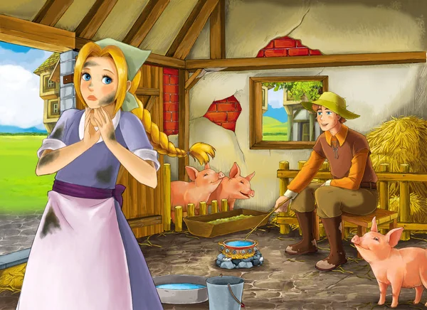 Cartoon scene with beautiful girl and farmer rancher in the barn pigsty illustration for children — Stock Photo, Image