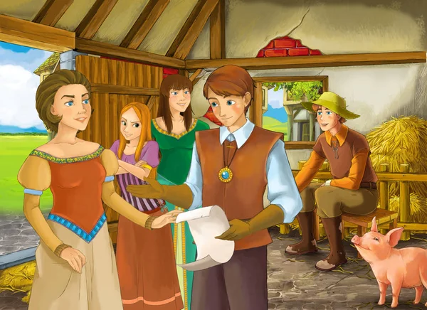 Cena dos desenhos animados com princesa e príncipe ou rei e fazendeiro na ilustração pocilga celeiro para crianças — Fotografia de Stock
