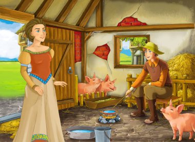 Çocuklar için ahır pigsty illüstrasyon prenses ve çiftçi çiftlik sahibi ile Karikatür sahne