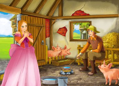 Çocuklar için ahır pigsty illüstrasyon prenses ve çiftçi çiftlik sahibi ile Karikatür sahne