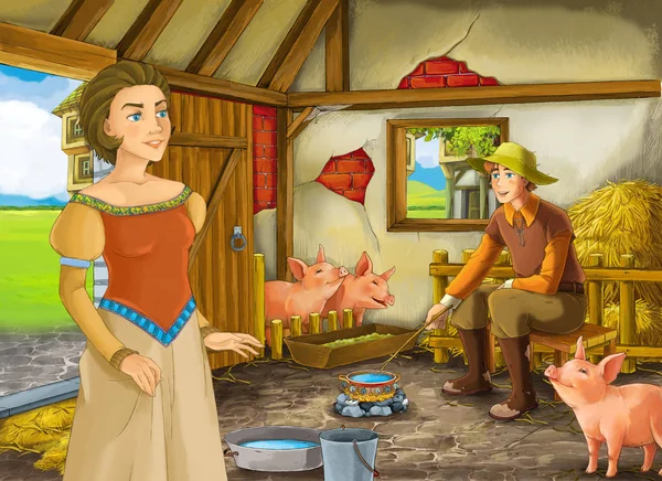 Tecknad scen med prinsessan och bonde ranchägare i ladan svinstia illustration för barn — Stockfoto
