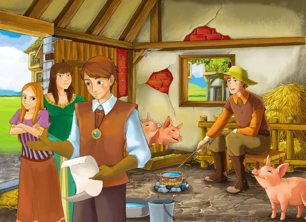 Scène de dessin animé avec princesse et prince ou roi et fermier rancher dans la grange illustration porcine pour enfants — Photo