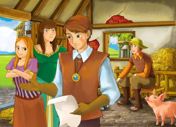 Cartoon scene with princess and prince or king and farmer rancher in the barn pigsty illustration for children — Stock Photo, Image