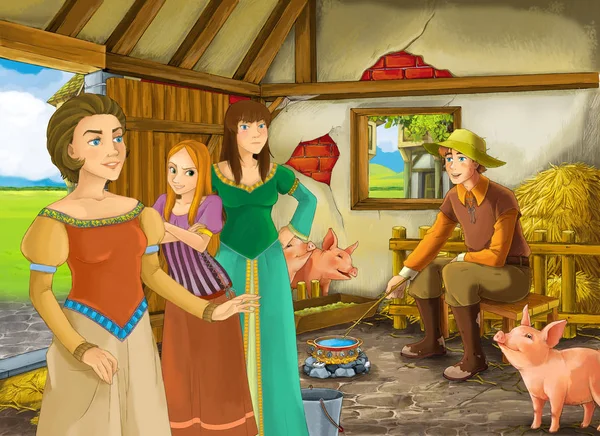 Cartoon scene with princess and farmer rancher in the barn pigsty illustration for children — Stock Photo, Image