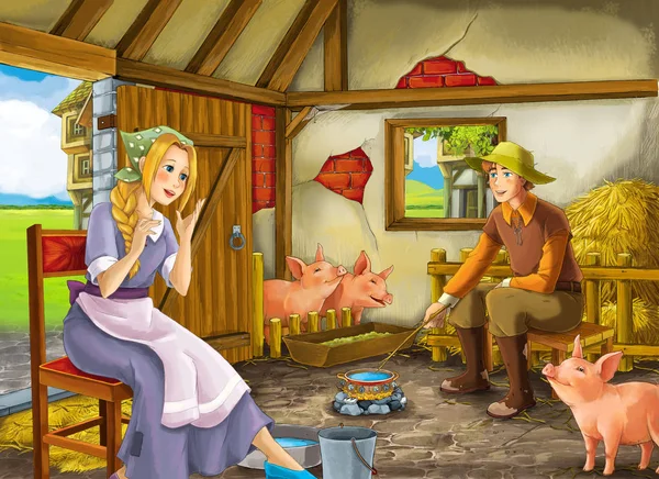 Cartoon scene with beautiful girl and farmer rancher in the barn pigsty illustration for children — Stock Photo, Image