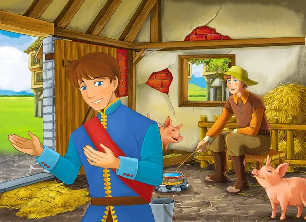 Мультфильм-сцена с принцем или королем и фермерским ранчо в амбарном свинарнике иллюстрация для детей — стоковое фото
