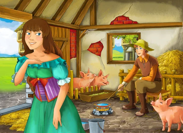 Cartoon scene with princess and farmer rancher in the barn pigsty illustration for children — Stock Photo, Image