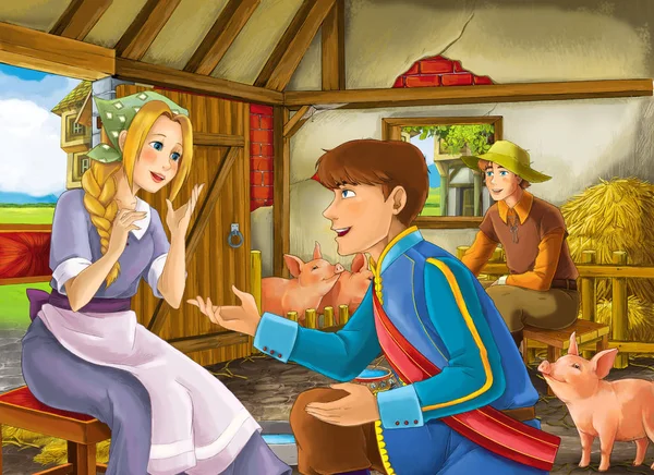 Cartoon scene with princess and prince or king and farmer rancher in the barn pigsty illustration for children