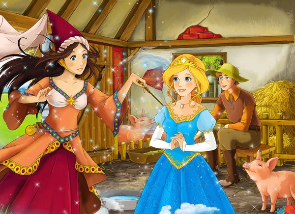 Escena de dibujos animados con la princesa y bruja hechicera y granjero ranchero en el granero ilustración pocilga para niños — Foto de Stock