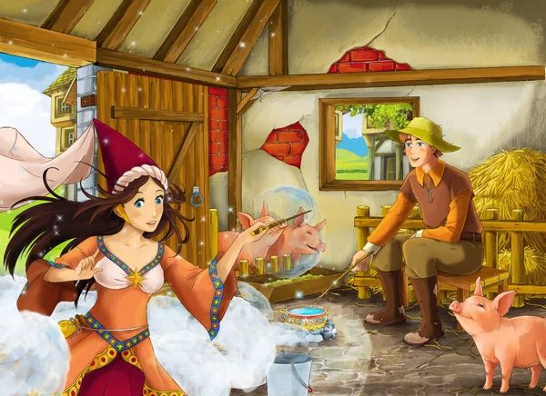 Cartoon scene with princess sorceress and farmer rancher in the barn pigsty illustration for children — Stock Photo, Image