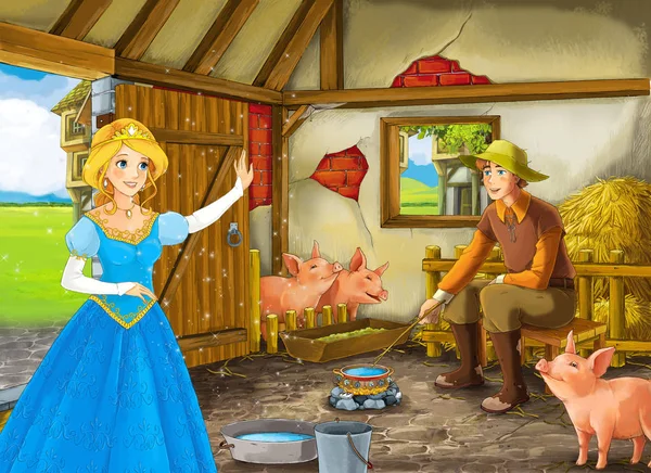 Scène de dessin animé avec princesse et éleveur dans la grange illustration porcine pour enfants — Photo