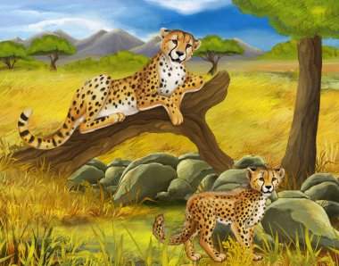 cartoon scene with cheetah resting on tree with family illustration for children clipart