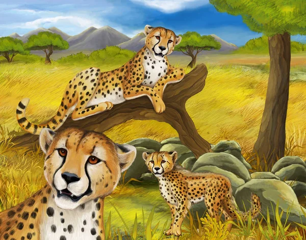 Cartoon scene with cheetah resting on tree with family illustration for children — Stock Photo, Image