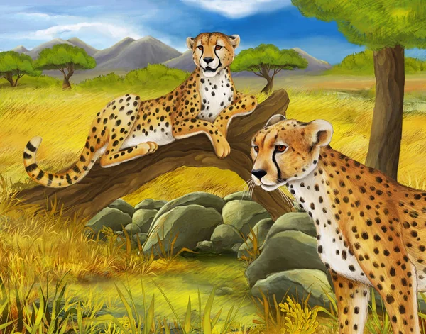 Cartoon scène met Cheetah rusten op boom met familie illustratie voor kinderen — Stockfoto