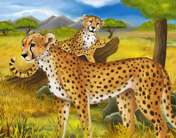 Scène de dessin animé avec guépard reposant sur l'arbre avec illustration de famille pour les enfants — Photo