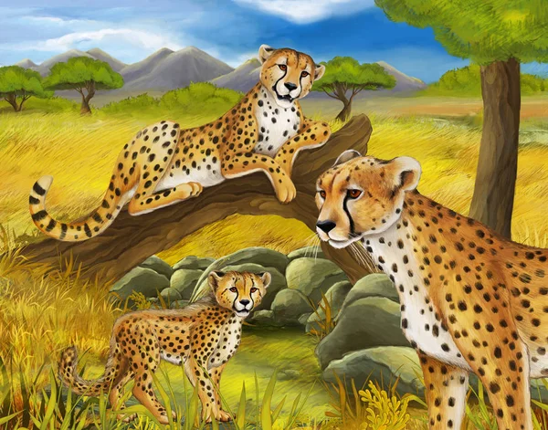 Cartoon scène met Cheetah rusten op boom met familie illustratie voor kinderen — Stockfoto