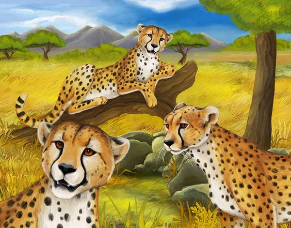 Sarjakuva kohtaus gepardi lepää puu perheen kuva lapsille — kuvapankkivalokuva