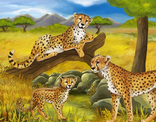 Scena kreskówki z gepard spoczywających na drzewie z rodziny ilustracji dla dzieci — Zdjęcie stockowe