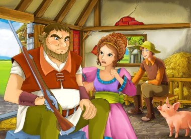 Çocuklar için ahır pigsty illüstrasyon iki çiftçi çiftlik sahipleri veya gizli prens ve büyük çiftçi veya avcı ve prenses ile Karikatür sahne