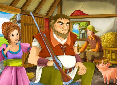 Çocuklar için ahır pigsty illüstrasyon iki çiftçi çiftlik sahipleri veya gizli prens ve büyük çiftçi veya avcı ve prenses ile Karikatür sahne