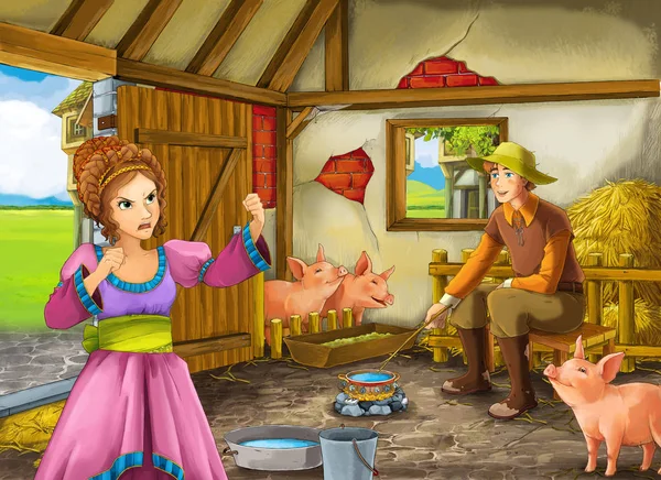 子供のための納屋の豚のイラストで王女と農家の牧場で漫画のシーン — ストック写真