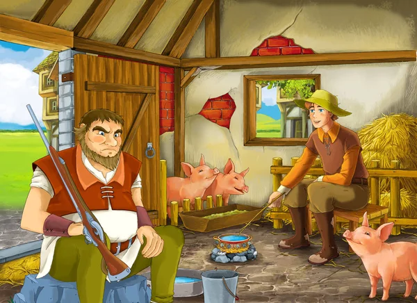 卡通场景与两个农民牧场主或伪装王子和老农或猎人在谷仓猪脚插图为儿童 — 图库照片