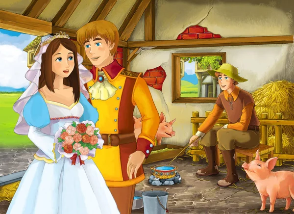 Cartoon scene with princess and prince or king and farmer rancher in the barn pigsty illustration for children