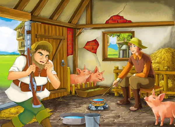 子供のための納屋の豚のイラストで2人の農家の牧場や変装王子や古い農家やハンターとの漫画のシーン — ストック写真