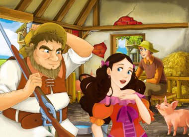 Çocuklar için ahır pigsty illüstrasyon prenses ve çiftçi çiftlik sahibi ile Karikatür sahne