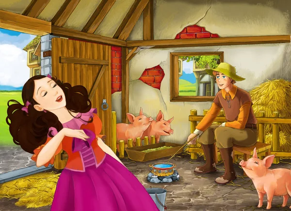 Kreslená Scéna Princeznou Farmářskou Ránou Chlévském Vyobrazení Pro Děti — Stock fotografie