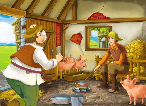 Cartoon Scene Two Farmers Ranchers Disguised Prince Older Farmer Hunter — Stock Photo, Image