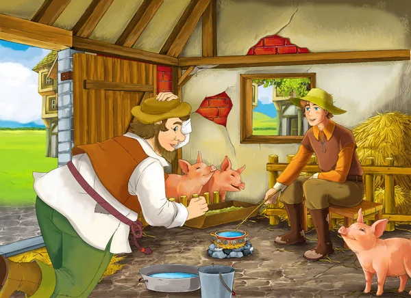 Cartoon scene with two farmers ranchers or disguised prince and older farmer or hunter in the barn pigsty illustration for children
