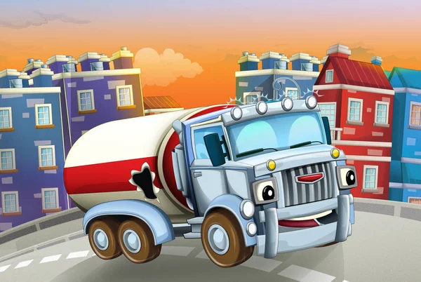 Cartoon scene with big truck cistern in the middle of a city - illustration for children — Stock Photo, Image