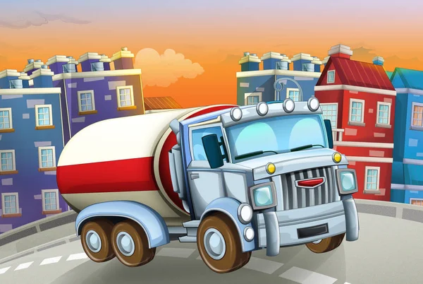 Tecknad scen med stor lastbil cisternen i mitten av en stad-illustration för barn — Stockfoto