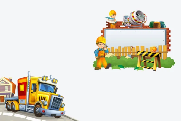 Camión de carga de dibujos animados en la calle de la ciudad con portada ilustración para niños — Foto de Stock