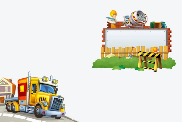Мультфильм грузовой грузовик на улице в городе с титульной страницей - иллюстрация для детей — стоковое фото